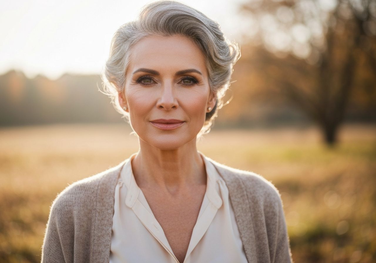 Portret dojrzałej kobiety z szarymi włosami w kremowej bluzce i beżowym kardiganie na tle jesieni