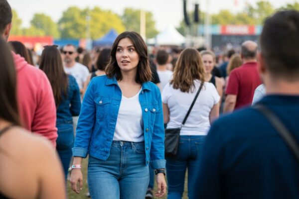 Młoda kobieta w tłumie na stadionie przed koncertem, trzyma bilet, w casualowym stroju, jasne niebo w tle
