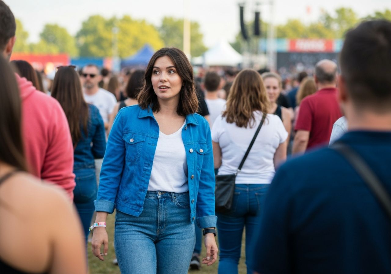 Młoda kobieta w tłumie na stadionie przed koncertem, trzyma bilet, w casualowym stroju, jasne niebo w tle
