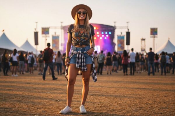 Młoda kobieta na festiwalu w modnym stroju, uśmiechnięta, z tłumem i sceną w tle.