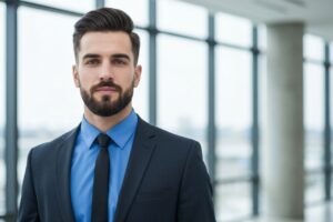 Biznesmen w niebieskiej koszuli i czarnym krawacie na tle nowoczesnego biura w naturalnym świetle