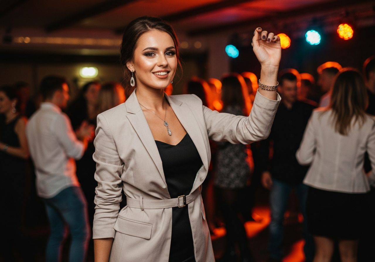 Młoda kobieta w eleganckim stroju na imprezie, z uśmiechem i kolorowymi światłami w tle