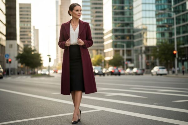 Elegancka kobieta w klasycznym stroju stoi na miejskiej ulicy w ciepłym, naturalnym świetle.