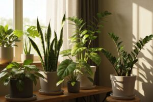 Zdrowe rośliny doniczkowe: sansewieria, filodendron i zamiokulkas na drewnianej półce przy oknie.