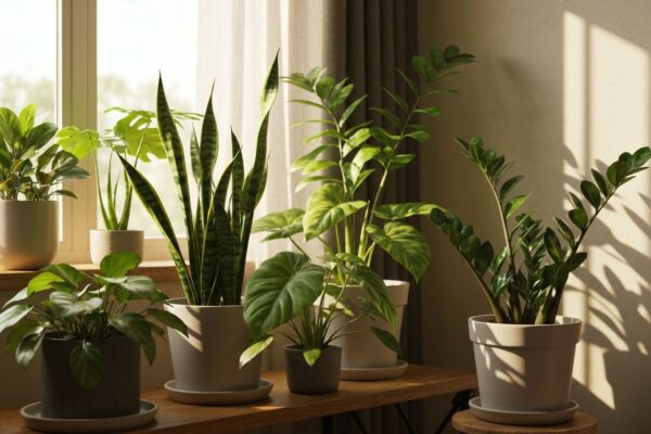 Zdrowe rośliny doniczkowe: sansewieria, filodendron i zamiokulkas na drewnianej półce przy oknie.