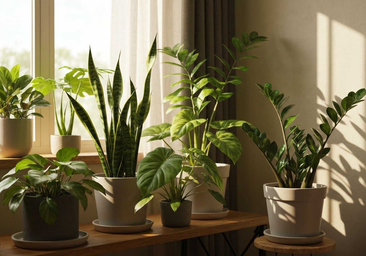 Zdrowe rośliny doniczkowe: sansewieria, filodendron i zamiokulkas na drewnianej półce przy oknie.
