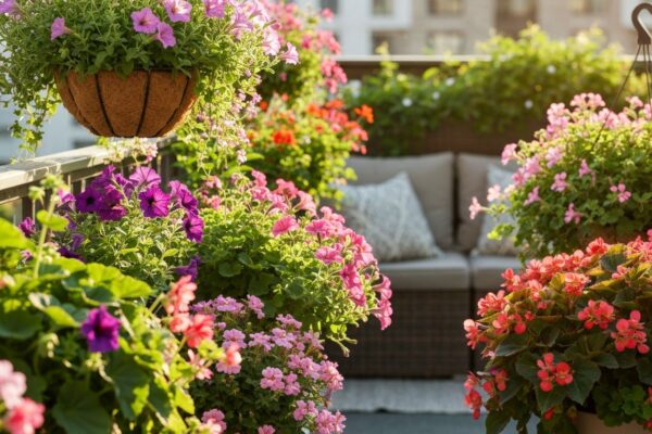 Balkonowy ogród z kwitnącymi petuniami, pelargoniami, aksamitkami i begonii w donicach i wiszących koszach.