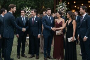 Grupa eleganckich osób na zewnątrz podczas wieczornej, formalnej imprezy w otoczeniu dekoracji i kwiatów