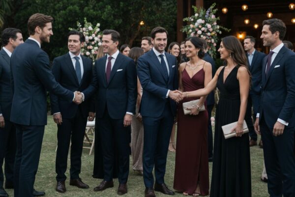 Grupa eleganckich osób na zewnątrz podczas wieczornej, formalnej imprezy w otoczeniu dekoracji i kwiatów