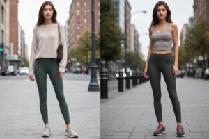 Młoda kobieta w legginsach w miejskim otoczeniu w dwóch stylizacjach: casual chic i sportowej.