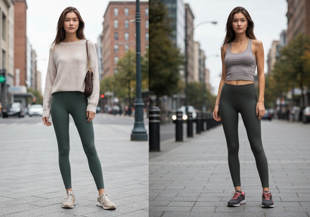 Młoda kobieta w legginsach w miejskim otoczeniu w dwóch stylizacjach: casual chic i sportowej.