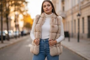 Młoda kobieta w beżowej kamizelce futrzanej, białym golfie i jasnych jeansach na tle rozmytej ulicy miejskiej.
