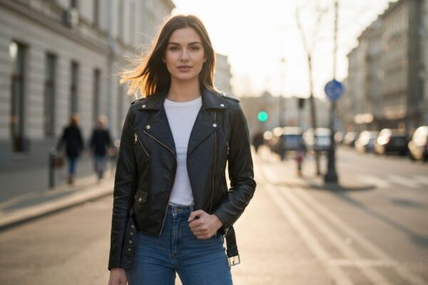 Młoda kobieta w czarnej kurtce skórzanej stoi na miejskiej ulicy w naturalnym świetle podczas golden hour.