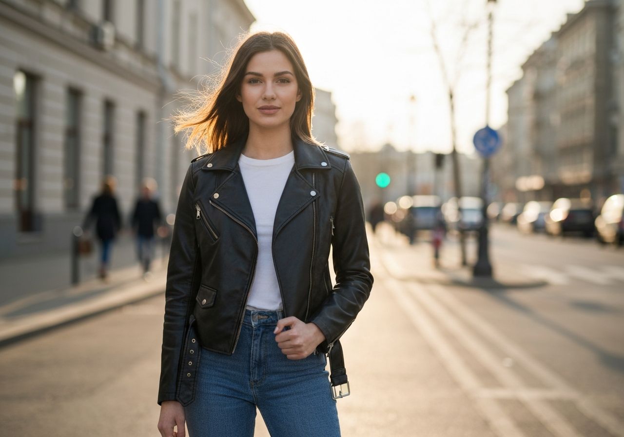 Młoda kobieta w czarnej kurtce skórzanej stoi na miejskiej ulicy w naturalnym świetle podczas golden hour.