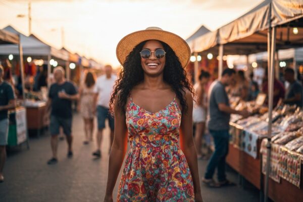 Młoda kobieta w letnim stroju stoi na tle kolorowych stoisk festiwalowych w słoneczny dzień