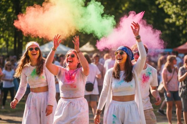 Młodzi ludzie podczas festiwalu Holi rzucają kolorowy proszek w parku w słoneczny dzień.
