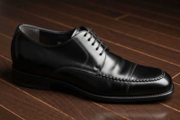 Eleganckie czarne skórzane buty pogrzebowe na ciemnej drewnianej podłodze przy naturalnym świetle