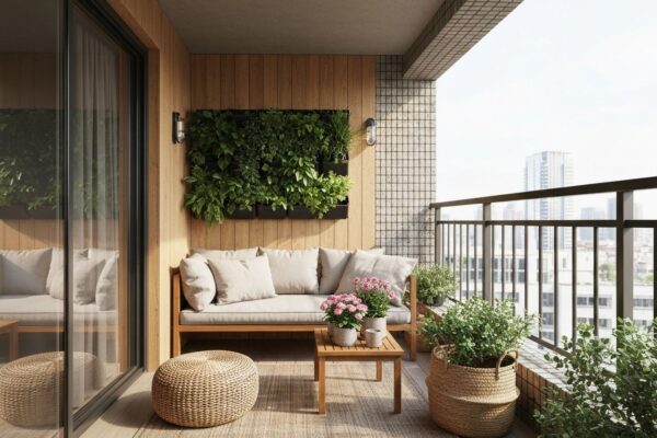 Nowoczesny balkon z wygodnym miejscem do siedzenia, roślinami i widokiem na panoramę miasta w świetle dziennym