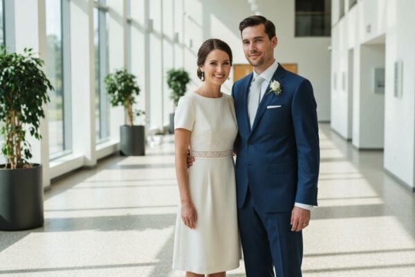 Para młoda w nowoczesnym urzędzie, przygotowująca się do ślubu cywilnego w eleganckich strojach.