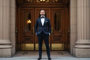 Mężczyzna w eleganckim garniturze stoi przed wejściem do teatru z ozdobnymi drzwiami.