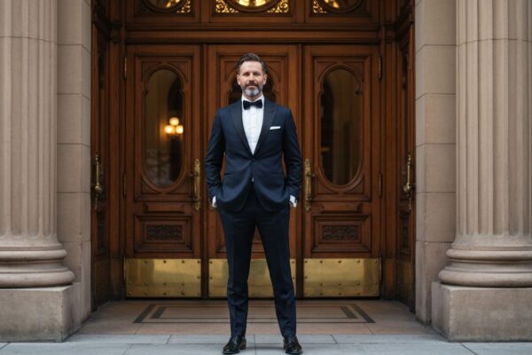 Mężczyzna w eleganckim garniturze stoi przed wejściem do teatru z ozdobnymi drzwiami.