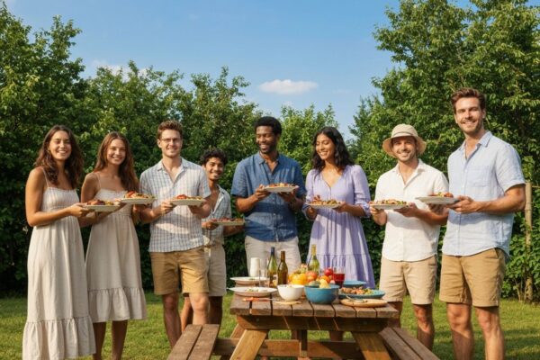 Grupa przyjaciół na letnim grillu w ogrodzie, uśmiechnięci, w letnich ubraniach, z talerzami jedzenia.