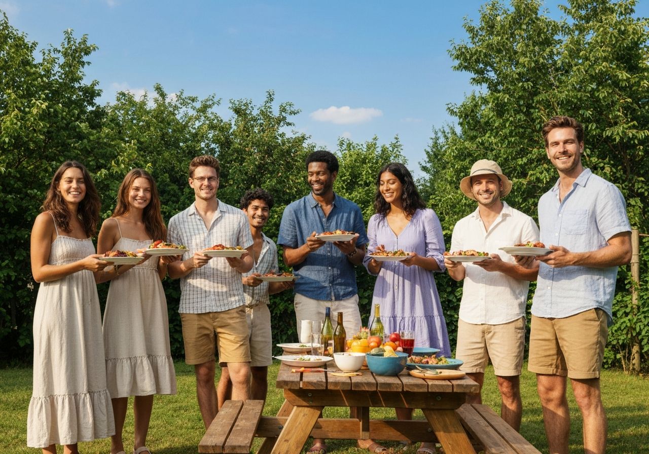 Grupa przyjaciół na letnim grillu w ogrodzie, uśmiechnięci, w letnich ubraniach, z talerzami jedzenia.