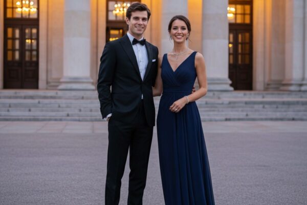 Para w eleganckich kreacjach stoi przed klasyczną salą koncertową o zmierzchu