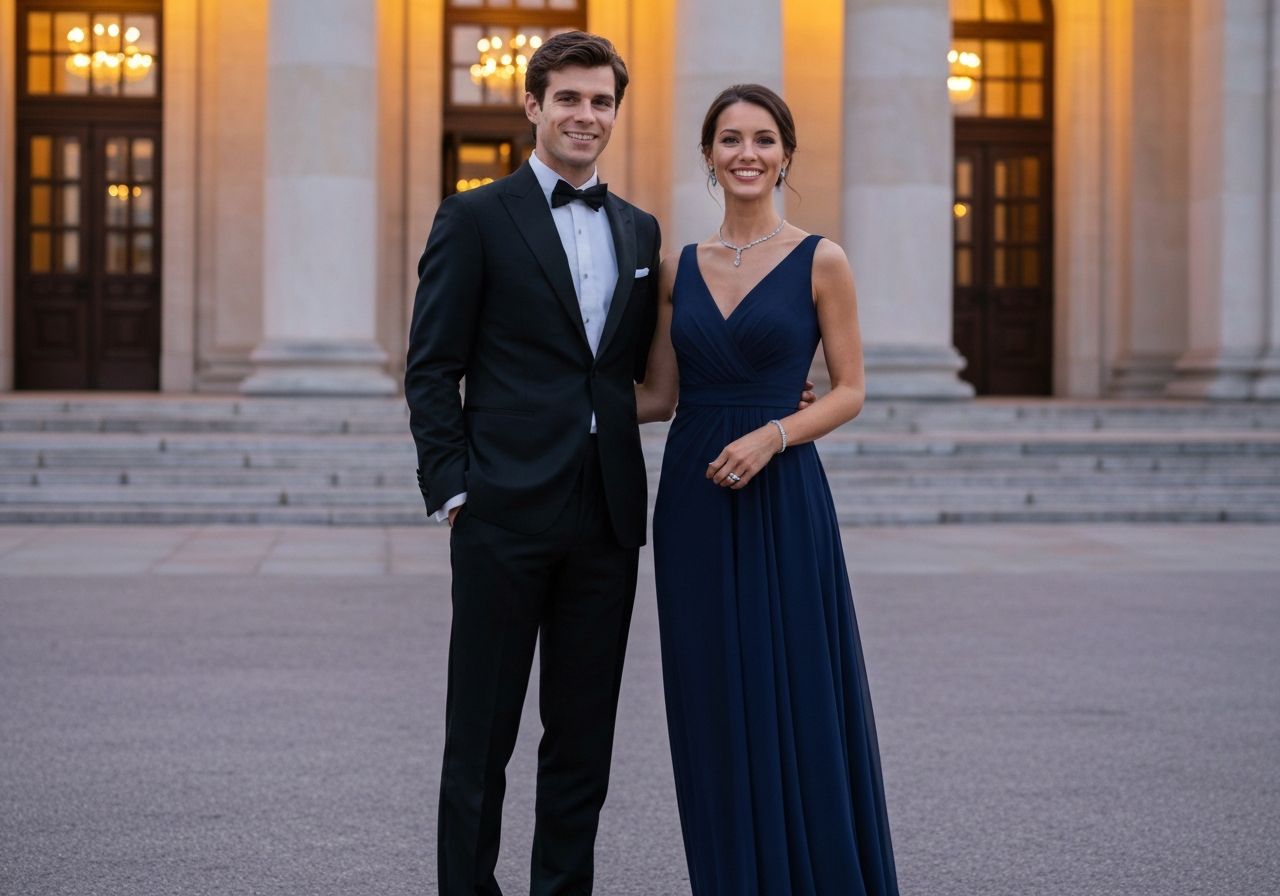 Para w eleganckich kreacjach stoi przed klasyczną salą koncertową o zmierzchu