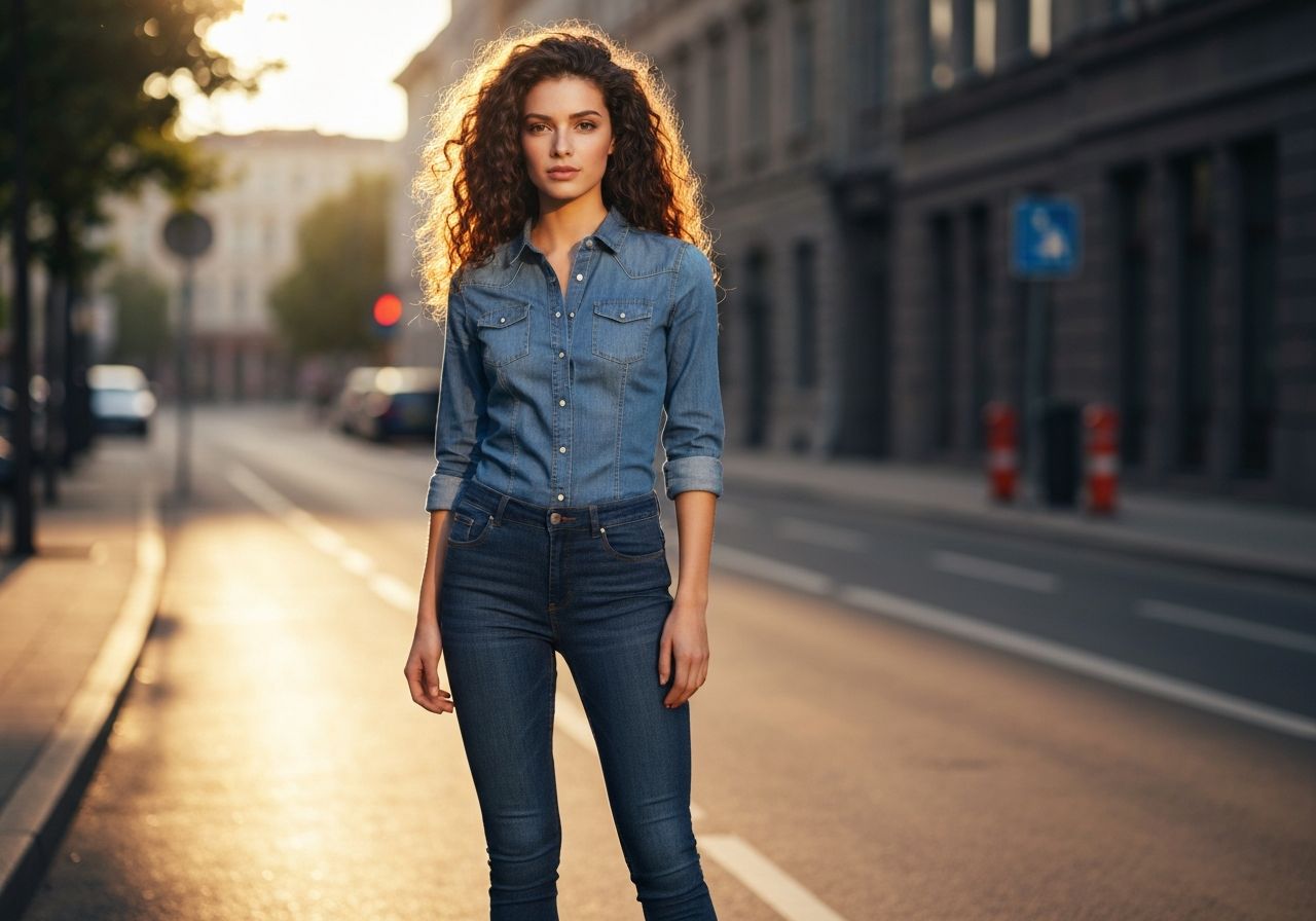 Młoda kobieta w niebieskiej koszuli jeansowej stoi na miejskiej ulicy podczas złotej godziny