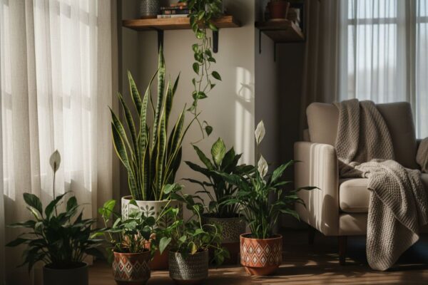 Zielone rośliny doniczkowe przy oknie w zacienionym rogu nowoczesnego salonu