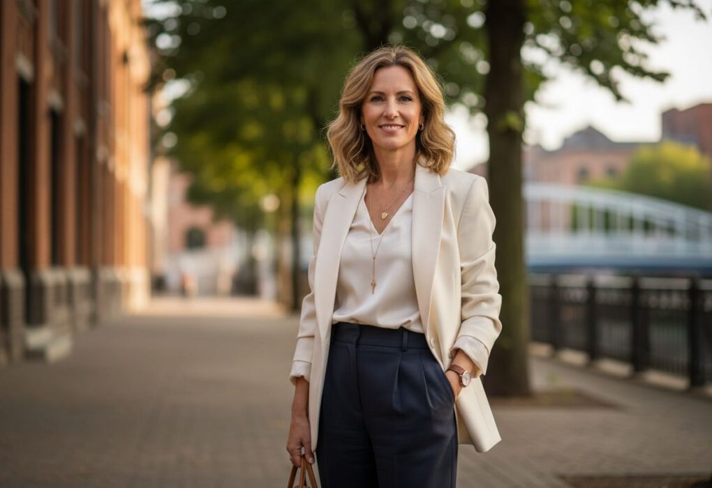 Doświadczona kobieta w eleganckim stroju stoi na tle miejskiej zieleni, uśmiechnięta i pewna siebie.