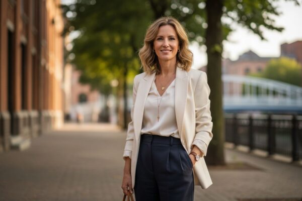 Doświadczona kobieta w eleganckim stroju stoi na tle miejskiej zieleni, uśmiechnięta i pewna siebie.