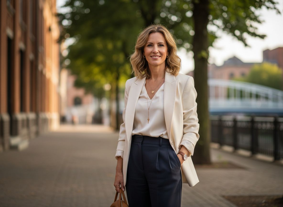Doświadczona kobieta w eleganckim stroju stoi na tle miejskiej zieleni, uśmiechnięta i pewna siebie.