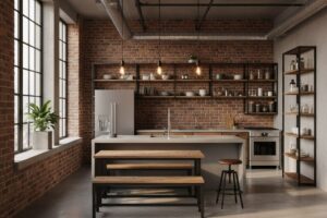 Nowoczesna kuchnia loft z ceglaną ścianą, metalowymi półkami, betonowym blatem i przemysłowym oświetleniem