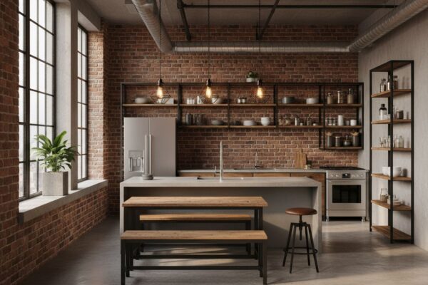 Nowoczesna kuchnia loft z ceglaną ścianą, metalowymi półkami, betonowym blatem i przemysłowym oświetleniem