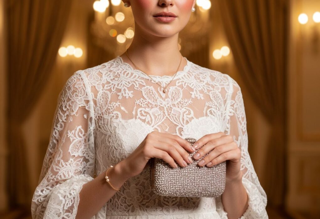 Elegancka kobieta w białej koronkowej sukni wieczorowej z perłowymi kolczykami i błyszczącą kopertówką