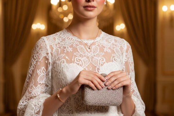 Elegancka kobieta w białej koronkowej sukni wieczorowej z perłowymi kolczykami i błyszczącą kopertówką