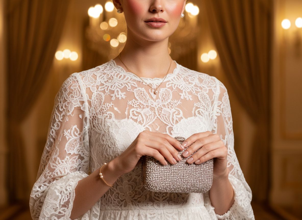 Elegancka kobieta w białej koronkowej sukni wieczorowej z perłowymi kolczykami i błyszczącą kopertówką